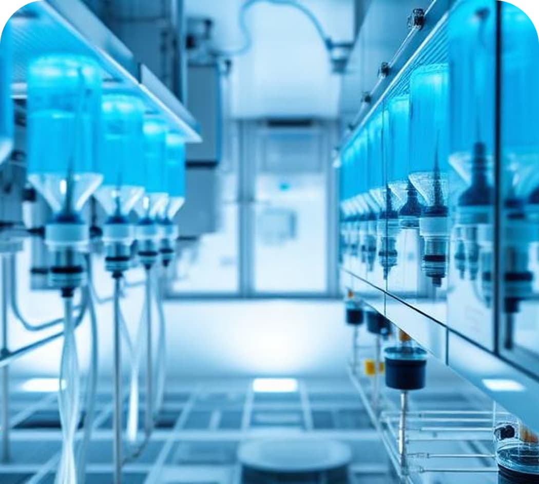 Smart Packaging & Traceability - Laboratory with blue liquid containers