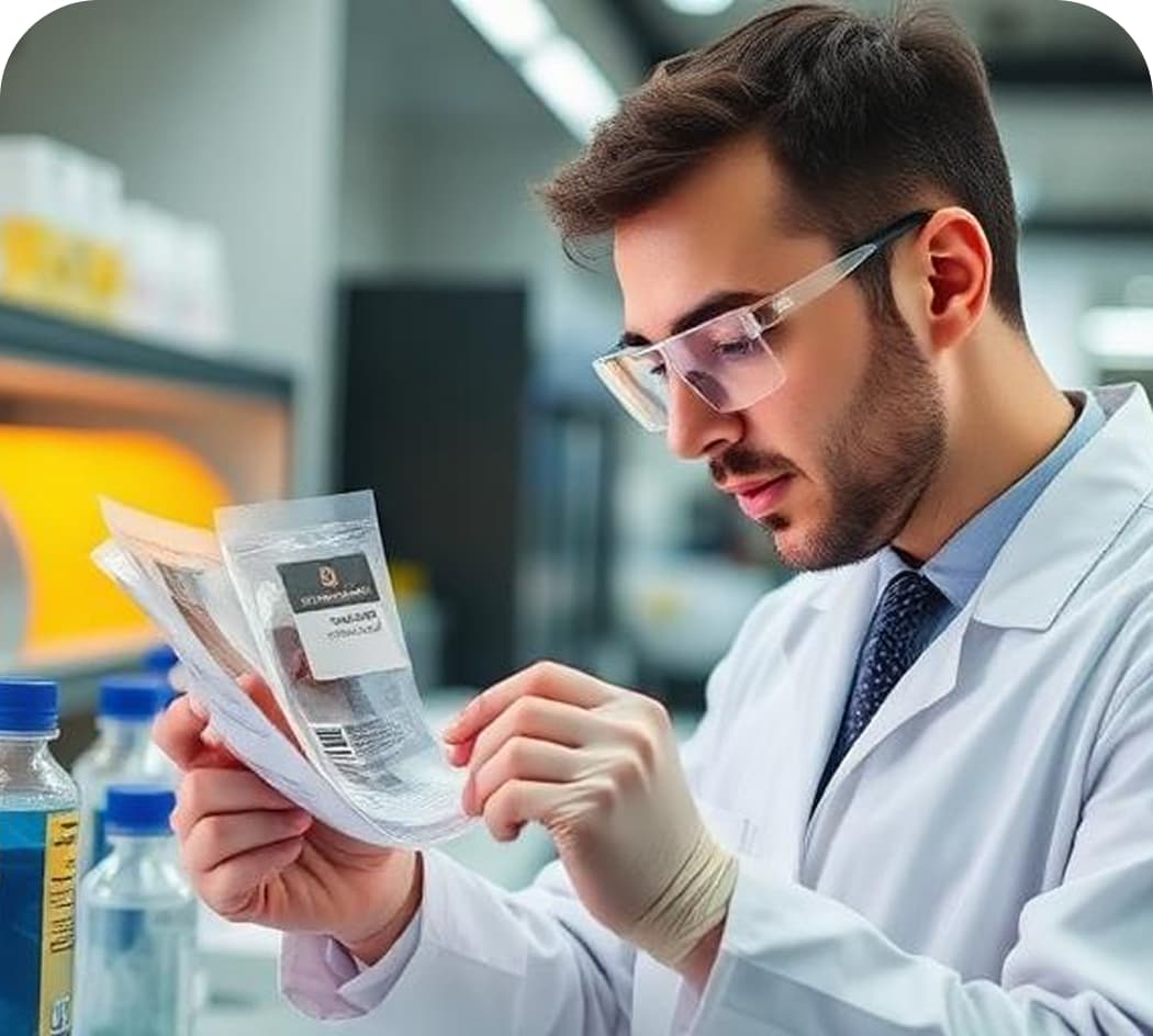 Circular Economy in Packaging - Person examining plastic pouch in laboratory