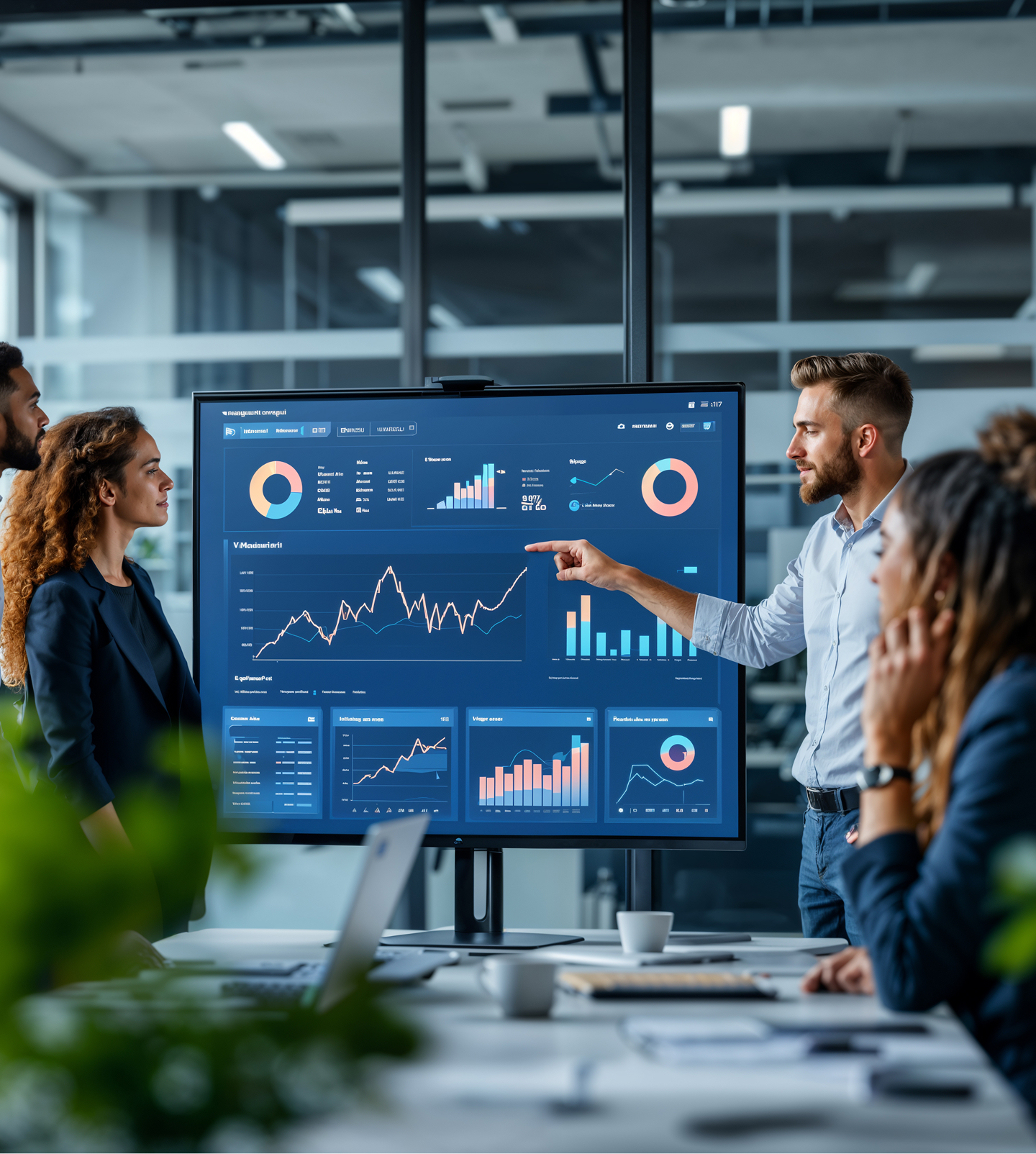 Team collaborating around digital analytics dashboard